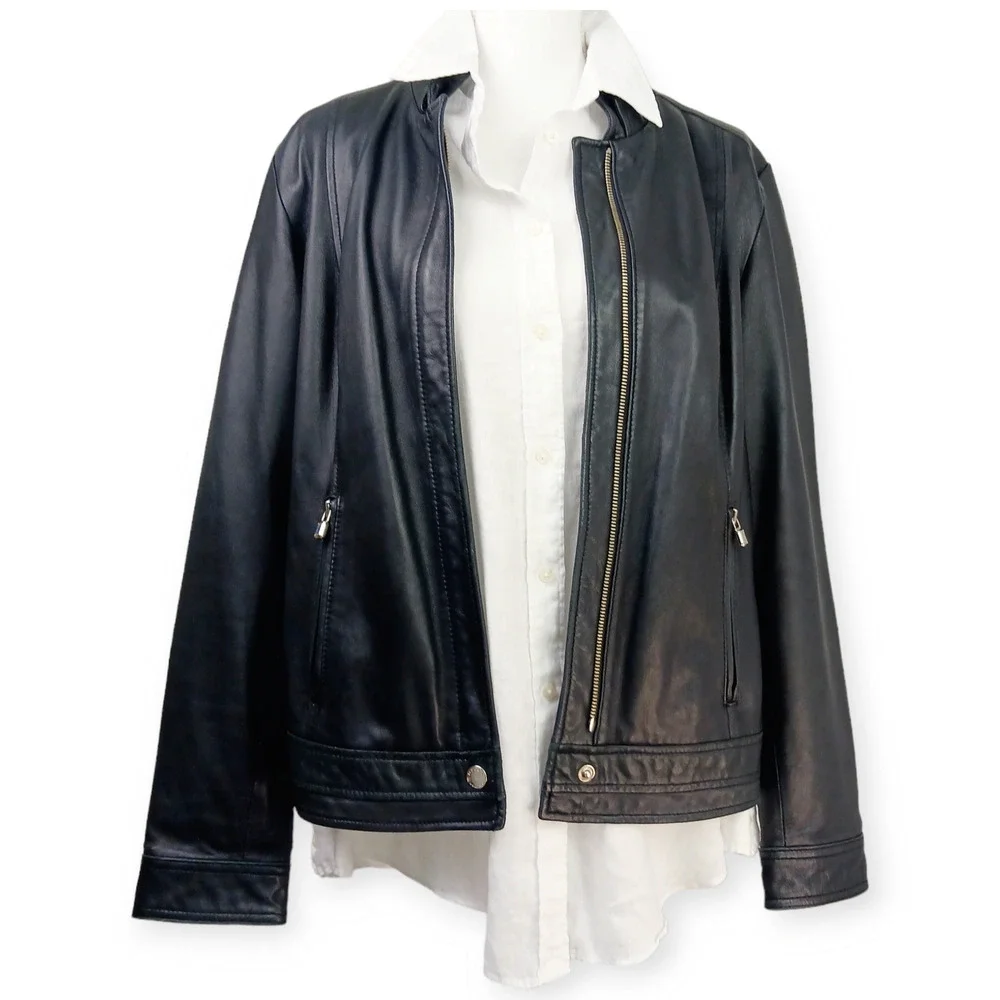 Laundry by Shelli Segal SZ XL Genuine Leather Jacket Gold Trim Buttery Soft